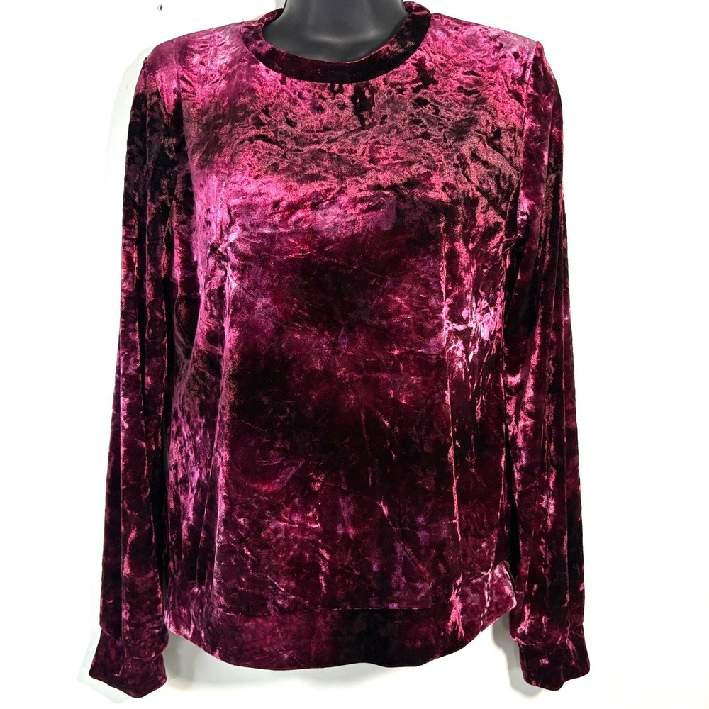 Womens Crushed Velvet Pink Maroon Red Long Sleeve Crew Neck Top whimsygoth VTG